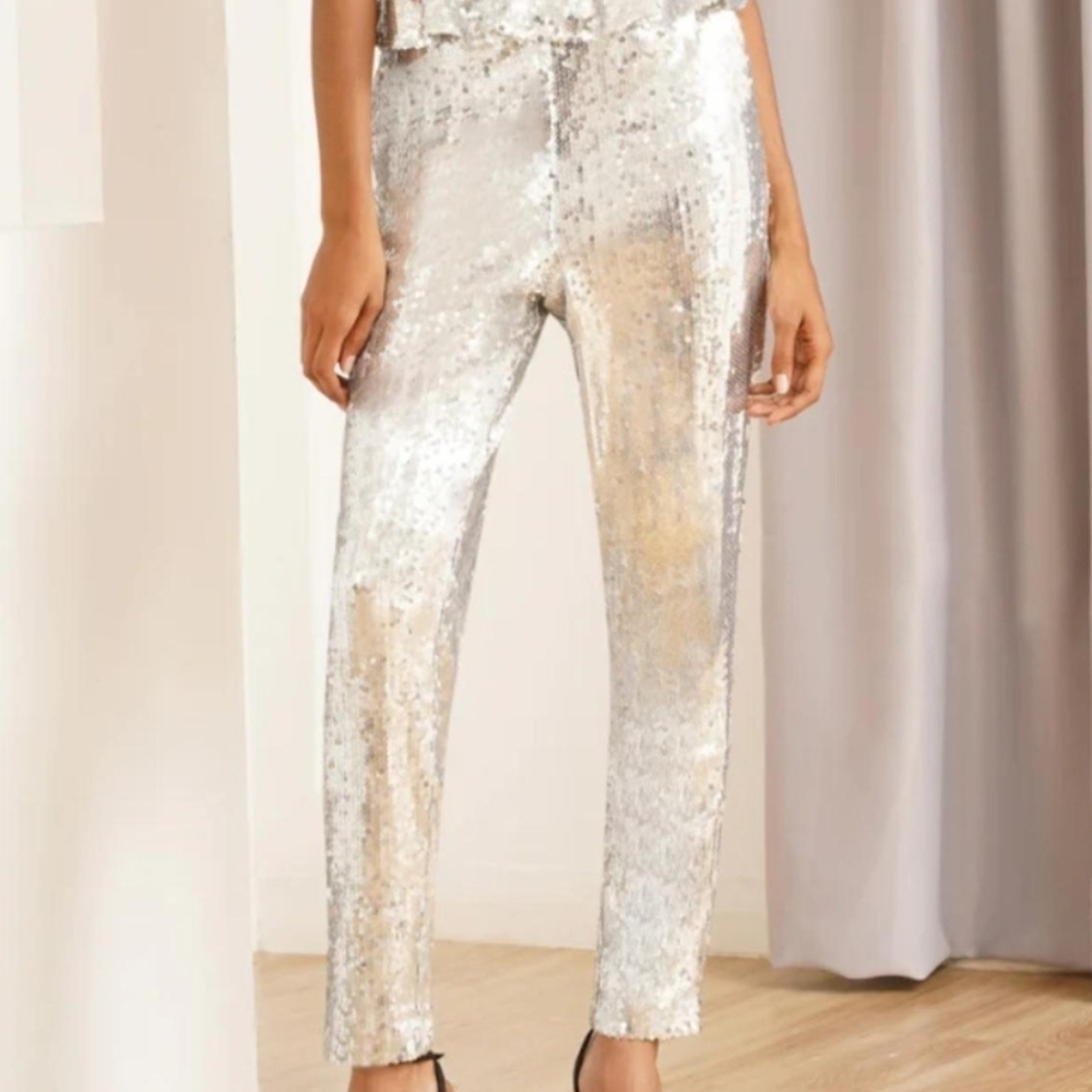 Yumi Kim Sochi silver sequin trousers Size Medium Pockets Side Zipper
